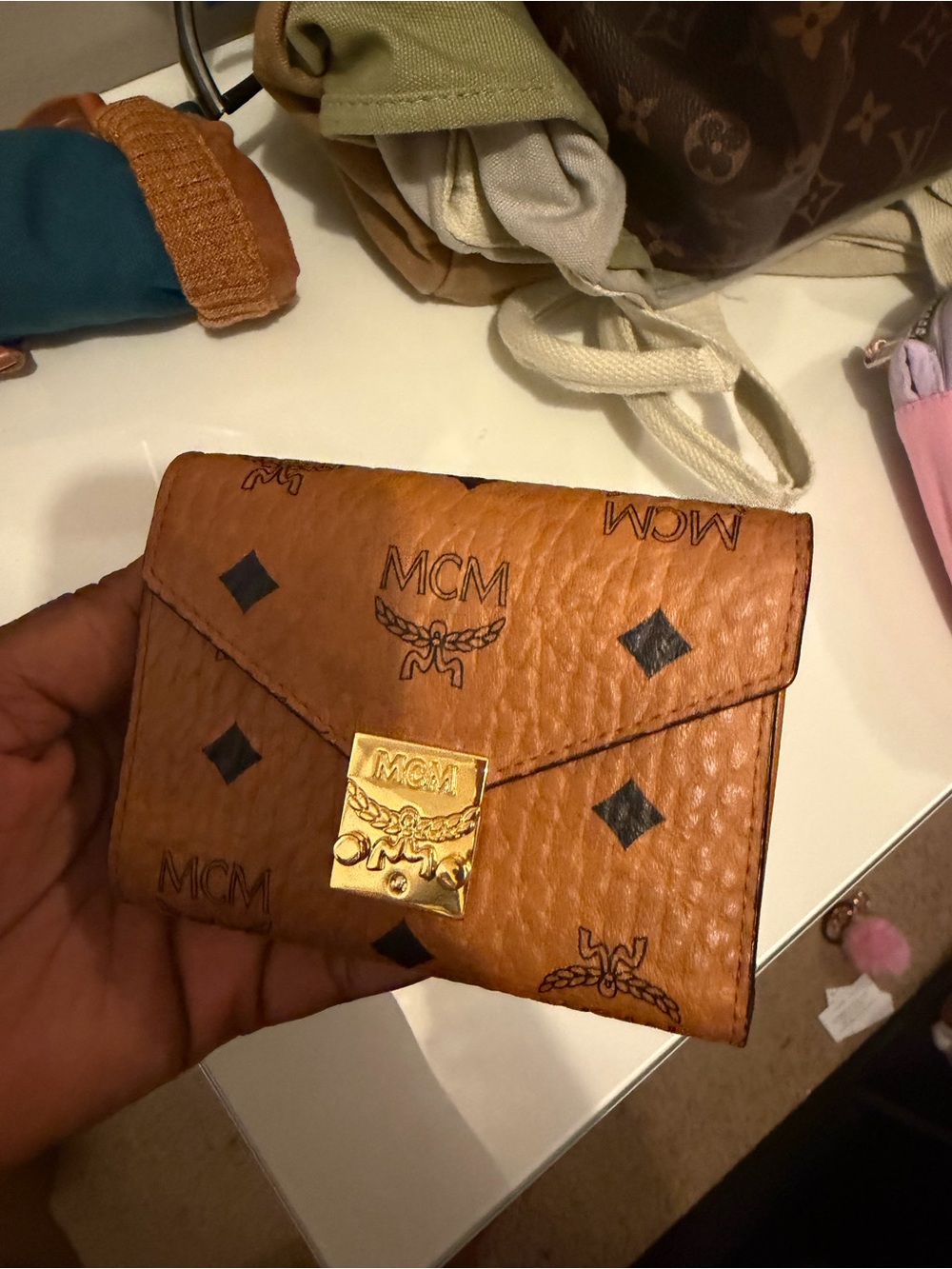 MCM Cognac Logo Envelope Card Holder with Gold Lock